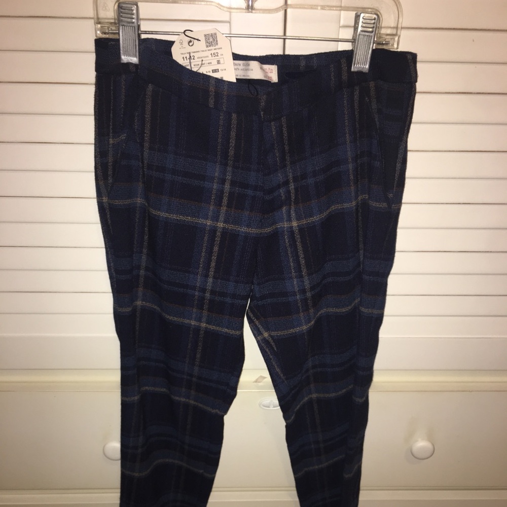 Zara Girls Cropped Slacks sz 11-12 blue plaid. NWT